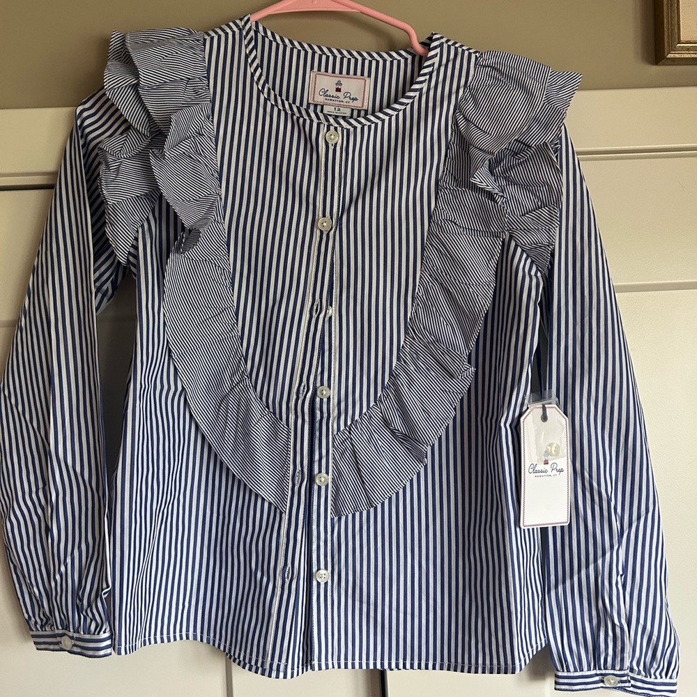 Classic Prep Blue and White Button Down Shirt with Ruffle Detail